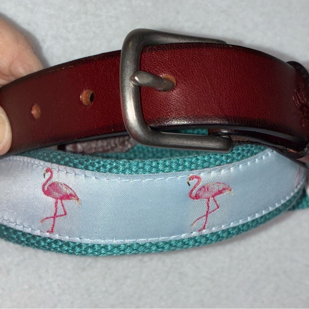 Flamingo Belt Size 24 Turquoise Pink Ribbon Woven Canvas Leather Silver Buckle